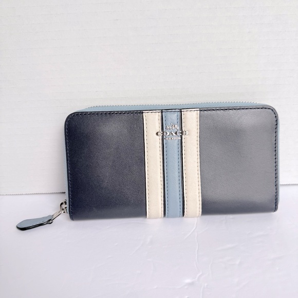Coach Leather Accordion Zip Wallet – Navy, Cream & Blue Stripe - Picture 1 of 3
